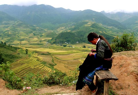 Broderie à la main avec une femme Hmong Noir